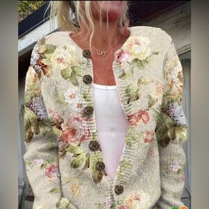 Floral Cream Button-Front Women's Cardigan Sweater